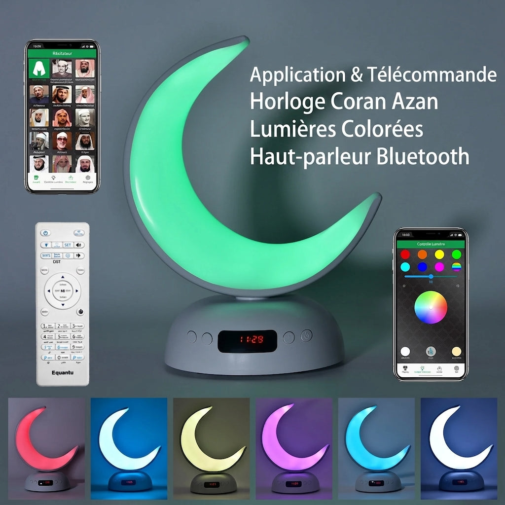 QuranAroma – Enceinte Coran Bluetooth avec horloge Azan, veilleuse LED et diffuseur d'huiles essentielles