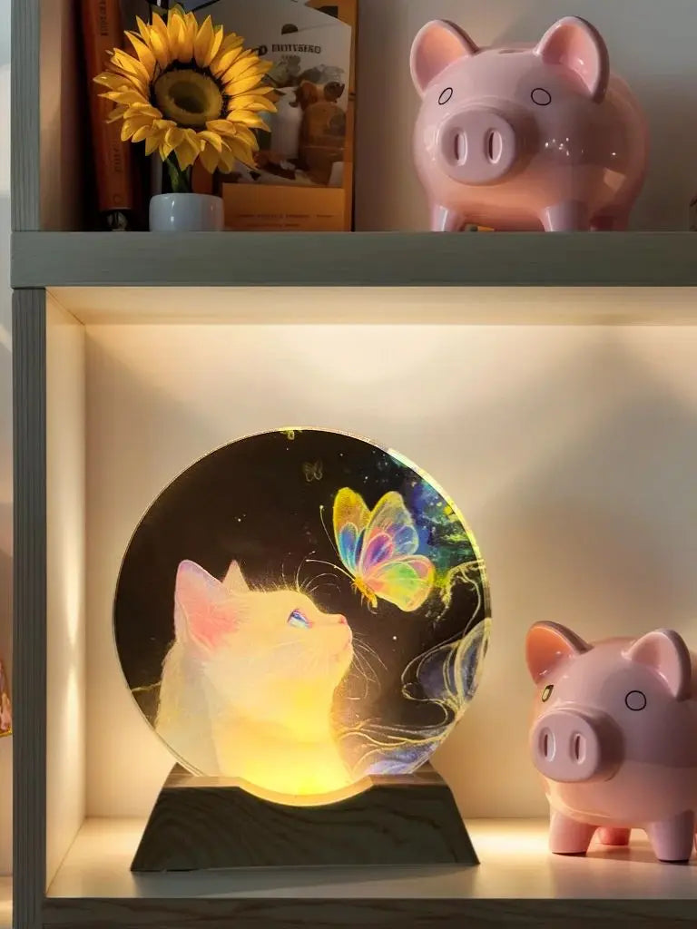 CrystalCat – Veilleuse LED en verre gravé chat et papillon USB