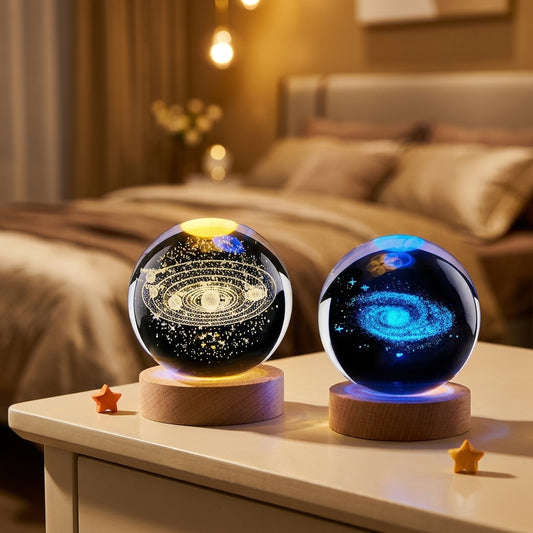 CosmoCrystal – Boule de cristal 3D LED cosmos base bois USB