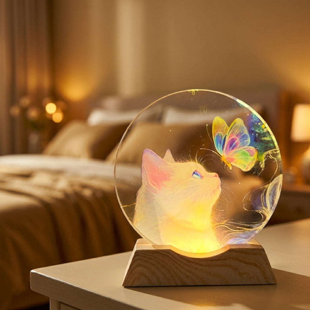 CrystalCat – Veilleuse LED en verre gravé chat et papillon USB