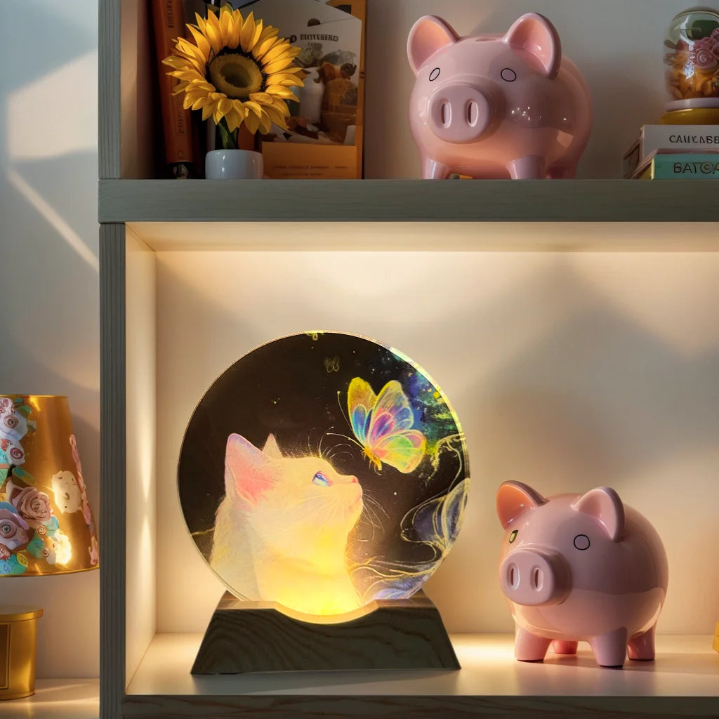 CrystalCat – Veilleuse LED en verre gravé chat et papillon USB