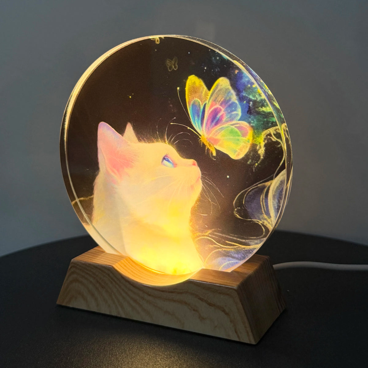 CrystalCat – Veilleuse LED en verre gravé chat et papillon USB